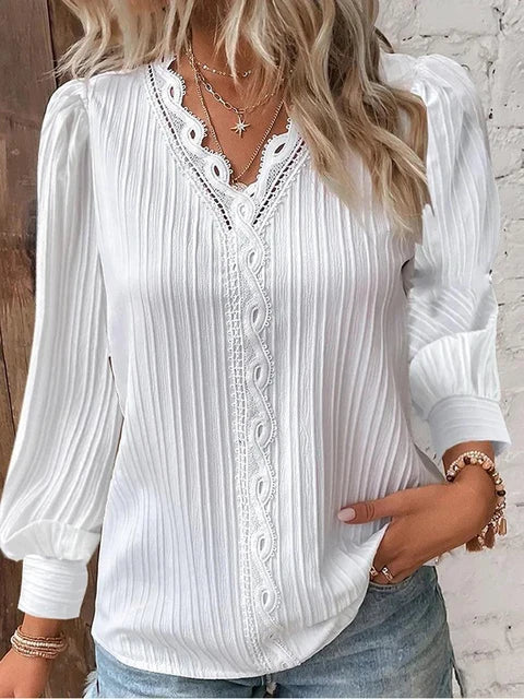 Blusa de escote de pico elegante de encaje para mujer
