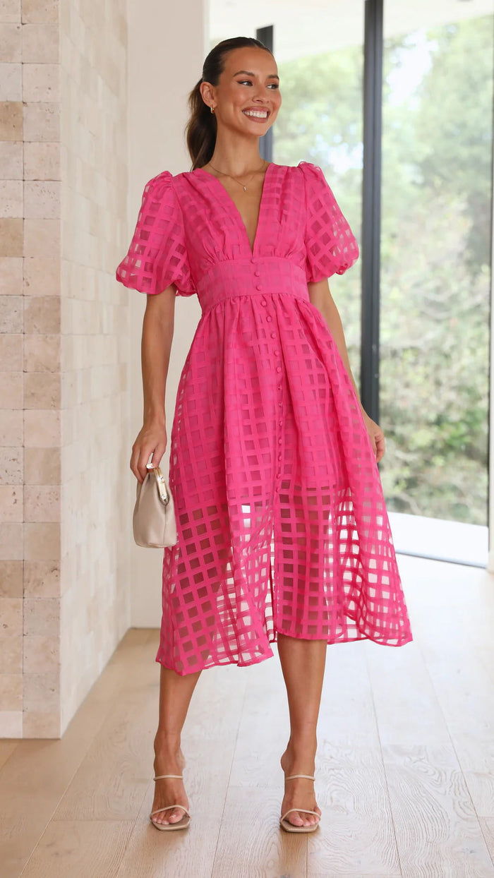 Bailey | Vestido midi con textura de cuadrícula y manga abullonada