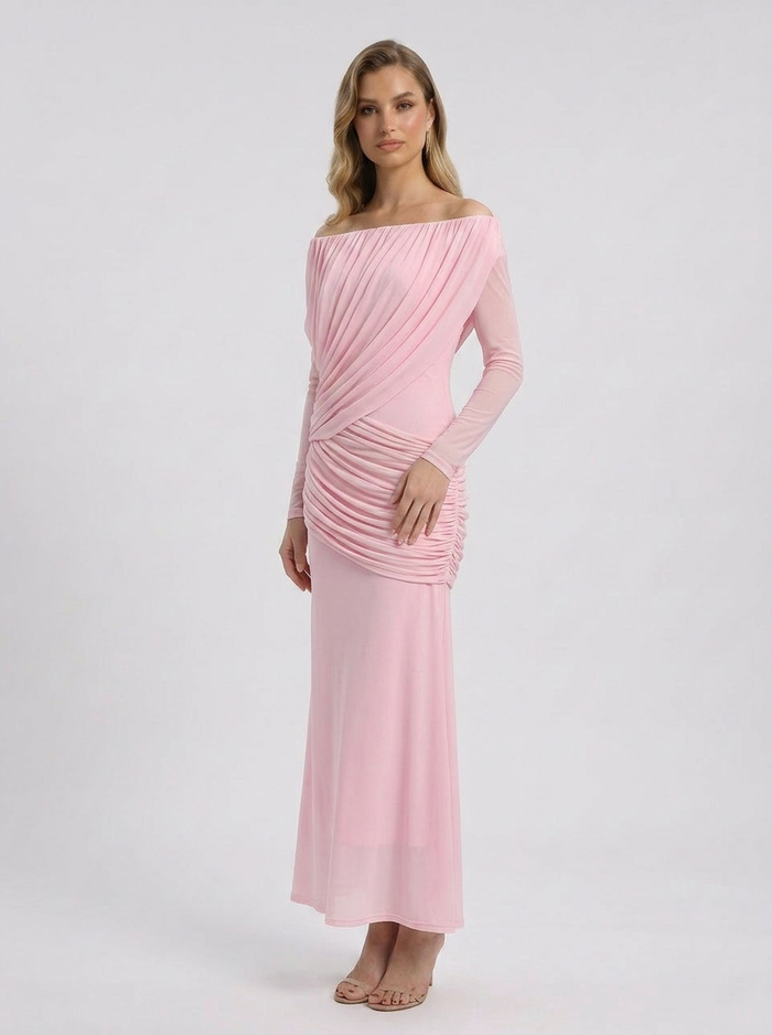 Crystal | Vestido largo drapeado con hombros descubiertos