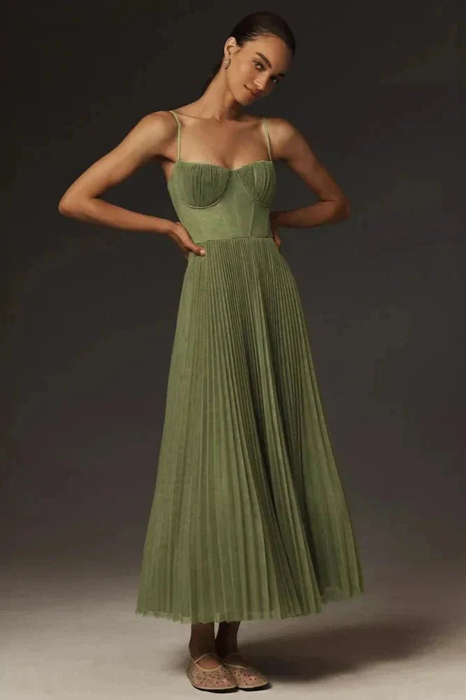 Vestido maxi palabra de honor verde de seda