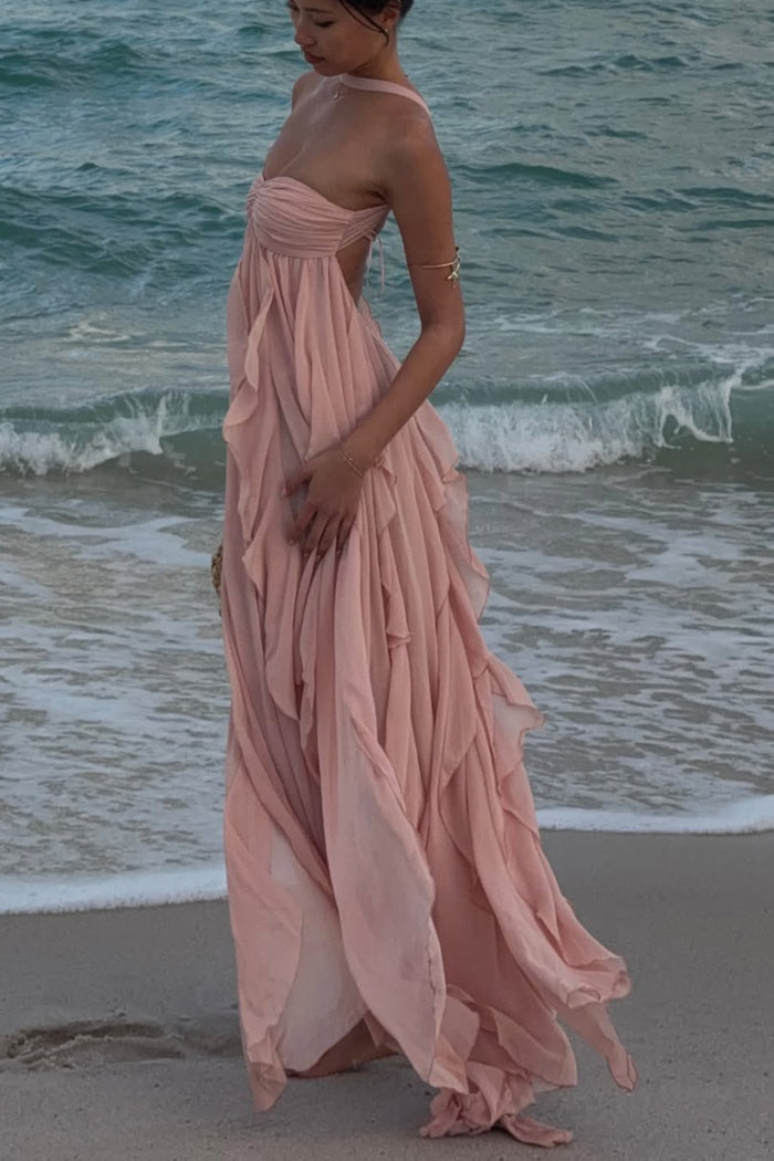 Imogen | Vestido largo palabra de honor de encaje con volantes