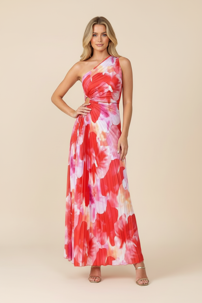 Juniper | Vestido largo plisado de un hombro con flores