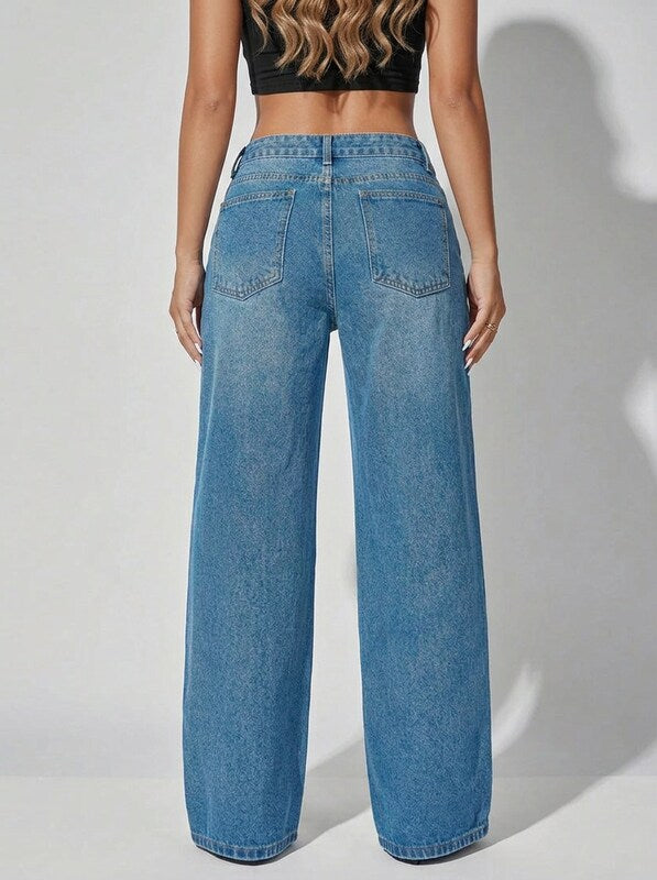 Women's Low Waist Wide Leg Blue Denim Jeans