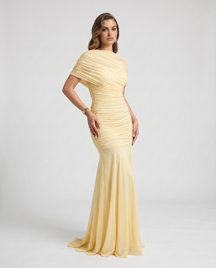 Shelby | Vestido largo drapeado corte sirena con manga corta