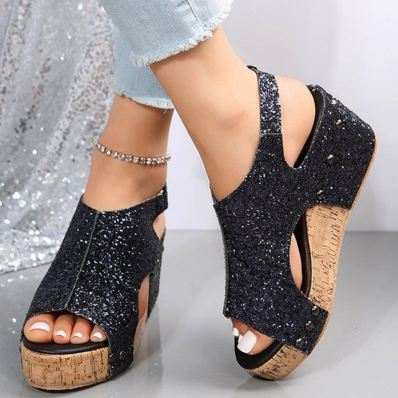 Sandalias de lentejuelas de punta abierta para mujer