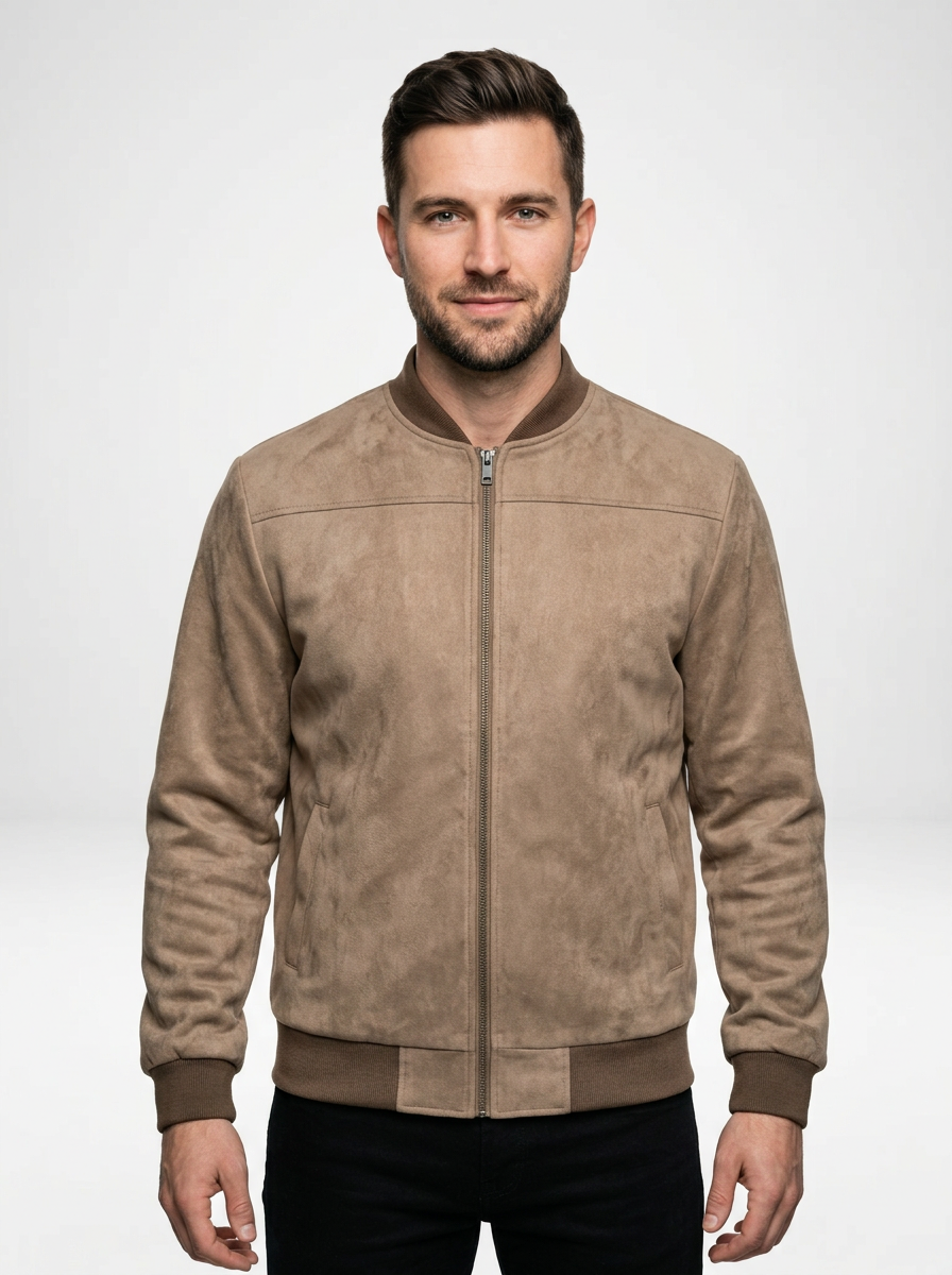 Men’s Suede Fleece Zip-Up Bomber Jacket