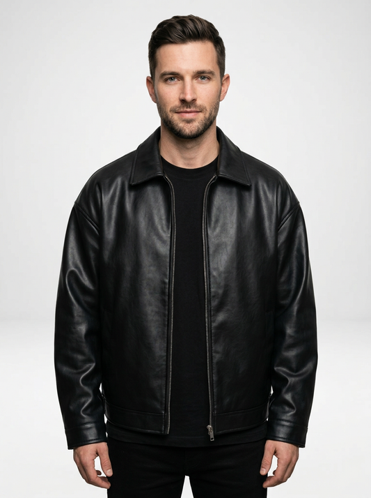 Men’s Relaxed Fit Leather Zip Bomber Jacket
