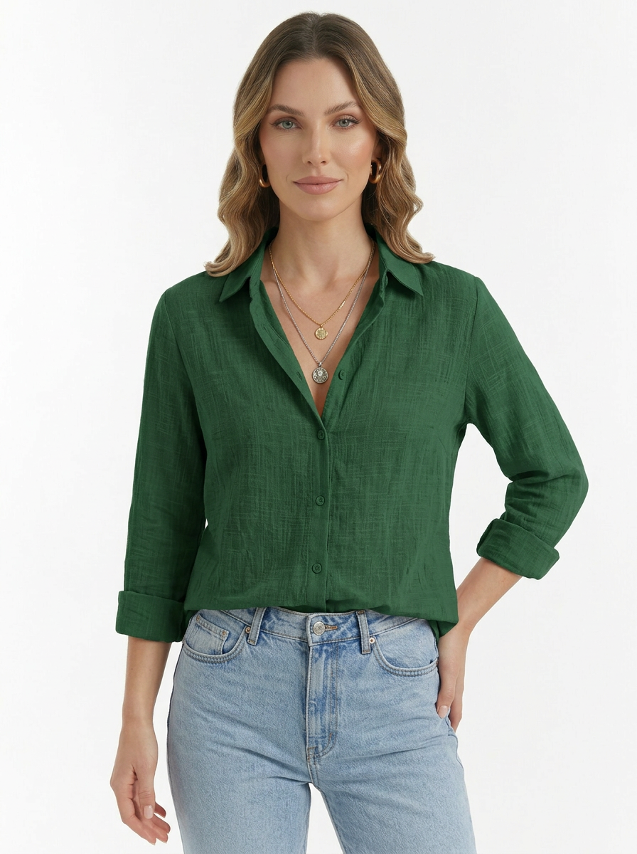 Women's Solid Button Front Long Sleeve Collared Blouse