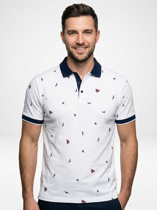 Men’s All Over Print Contrast Trim Short Sleeve Polo Shirt
