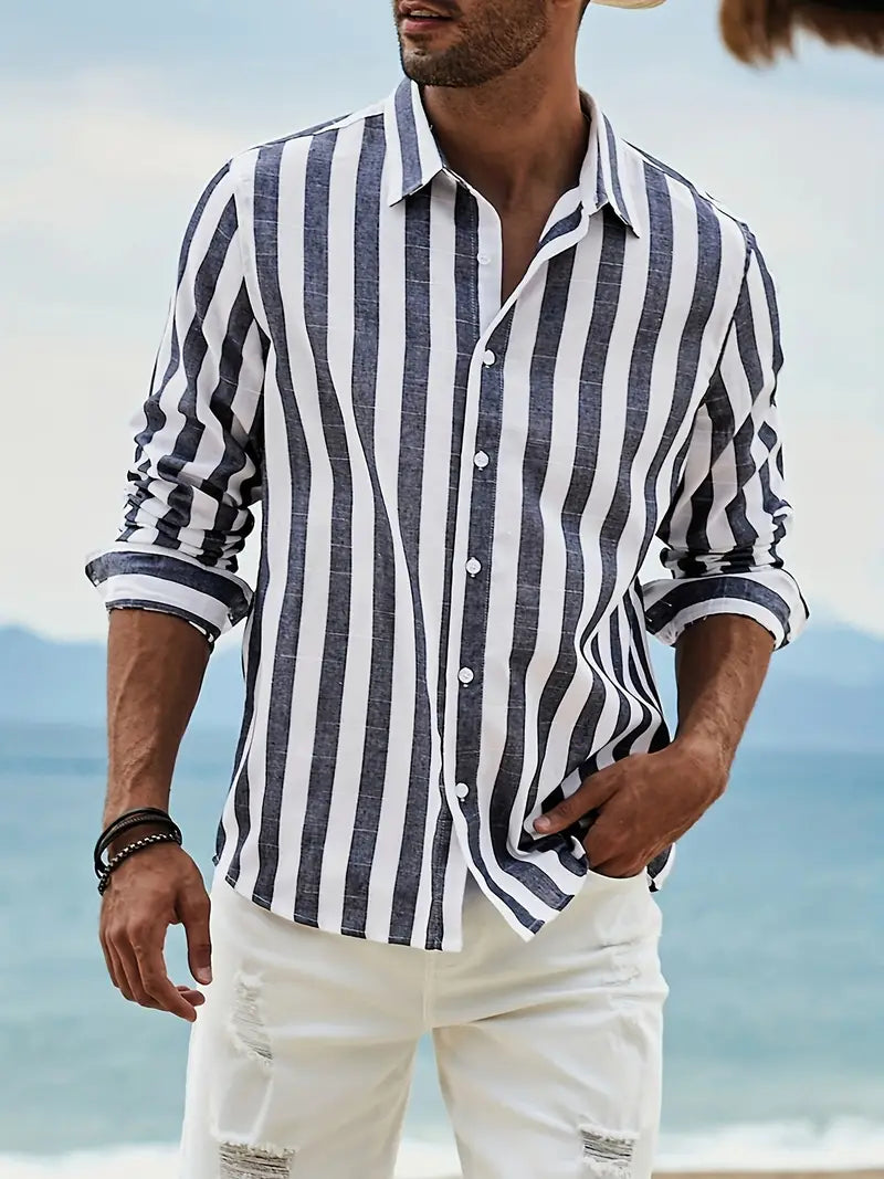 Camisa de vestir de rayas de manga larga de verano para hombre