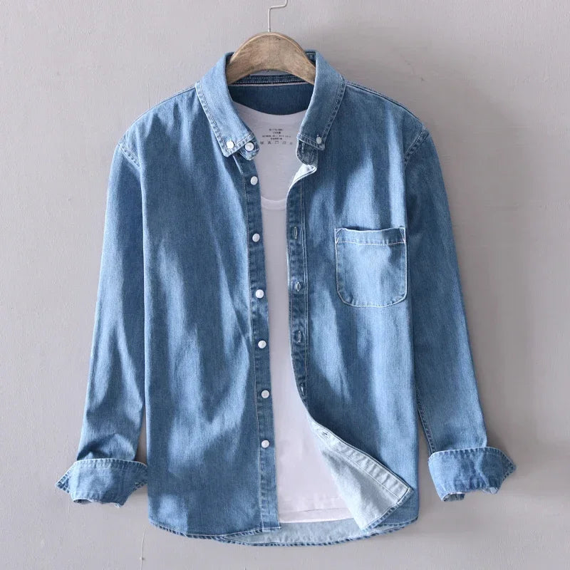 Camisa de vestir de manga larga abotonada informal de tejido vaquero para hombre