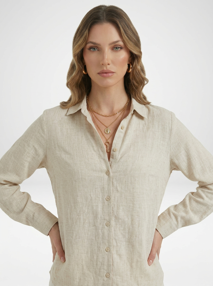 Women's Solid Button Front Long Sleeve Collared Blouse
