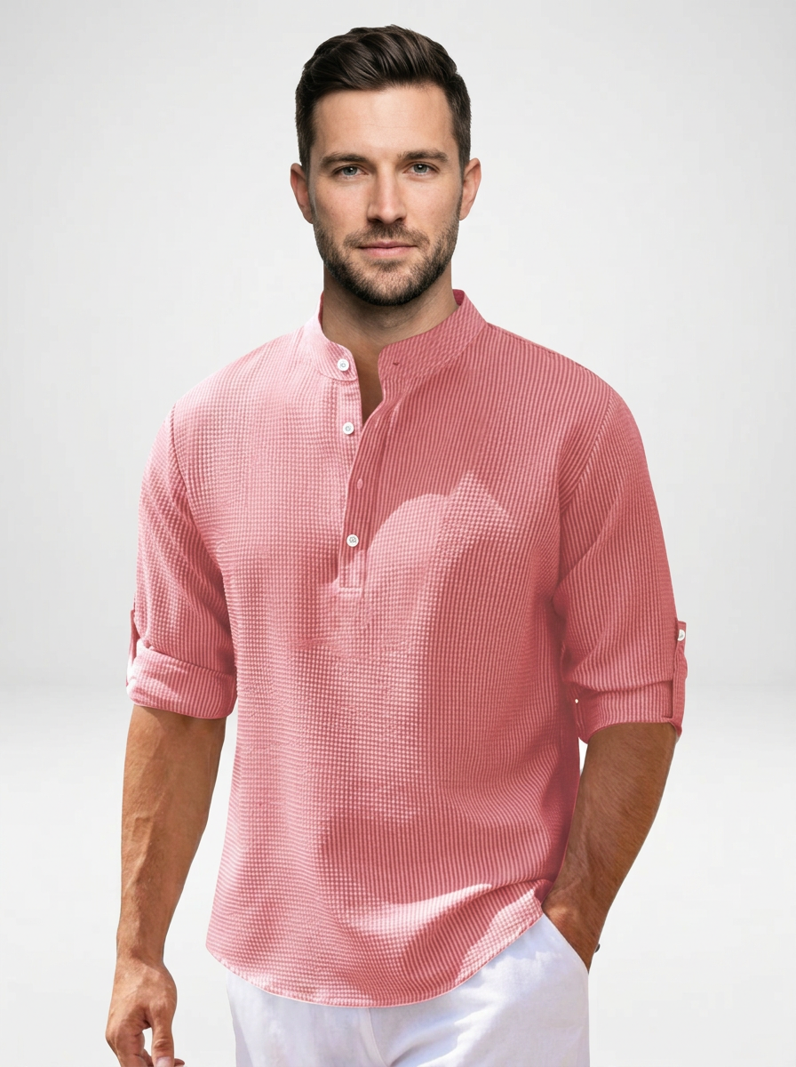 Men’s Long Sleeve Henley Stand Collar Button Shirt