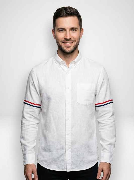 Men’s Minimal Linen Button Down Shirt with Contrast Sleeve Stripes