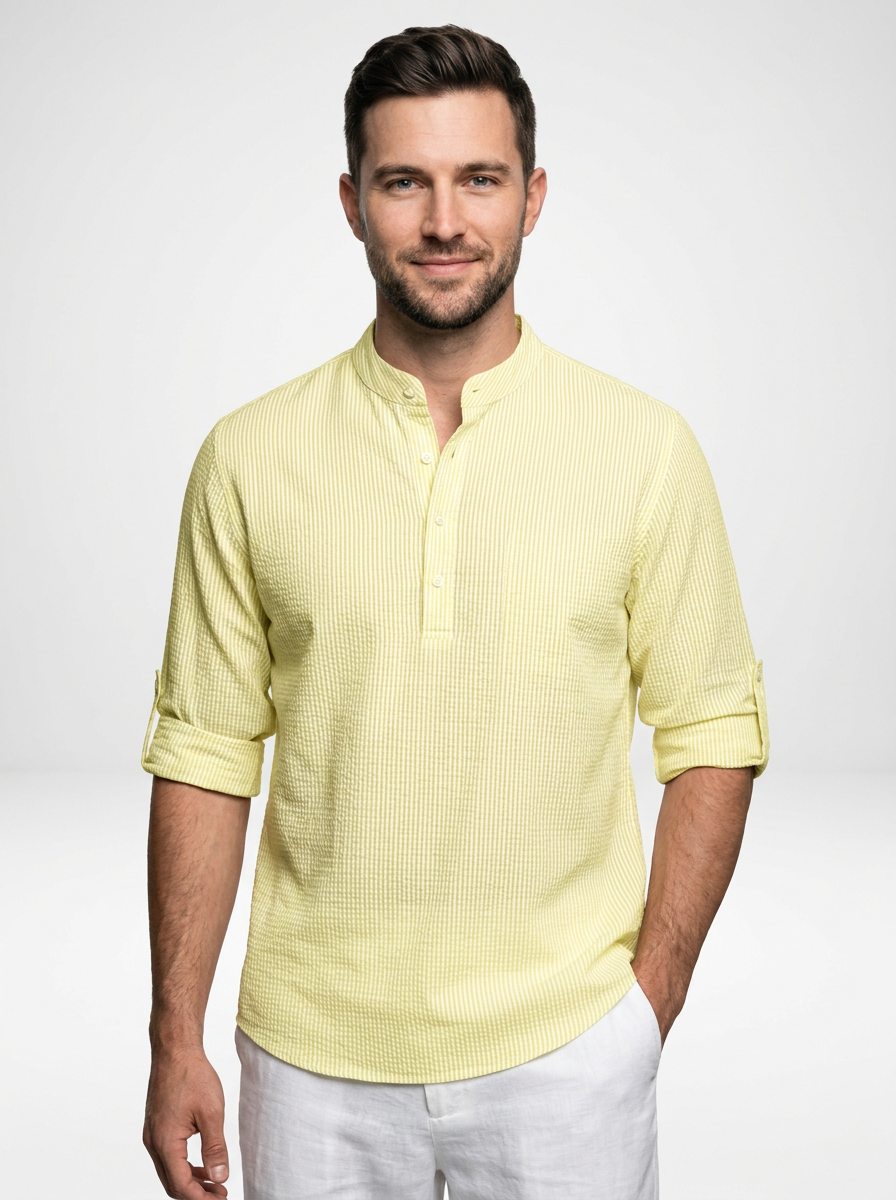 Men’s Long Sleeve Henley Stand Collar Button Shirt