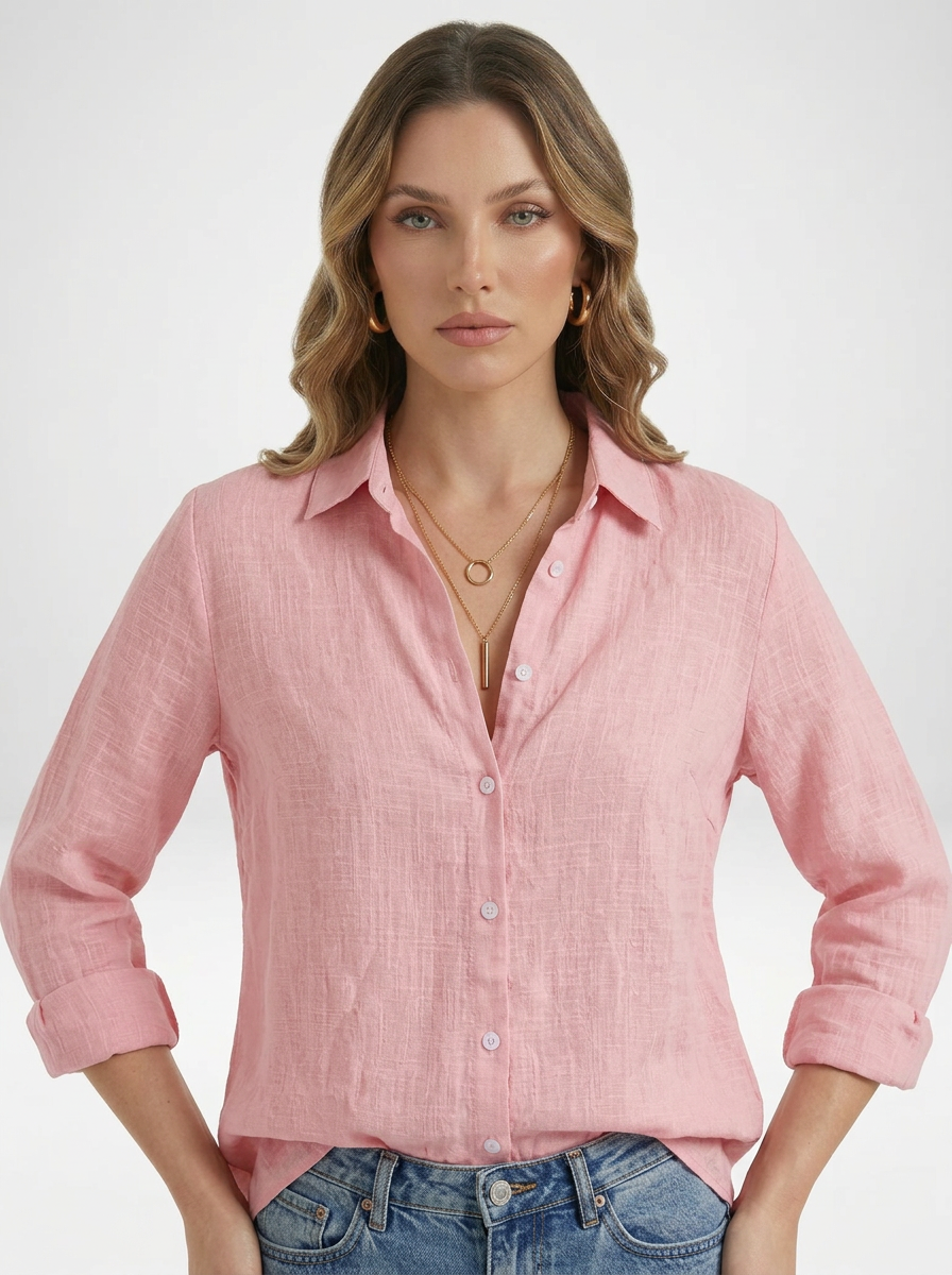Women's Solid Button Front Long Sleeve Collared Blouse