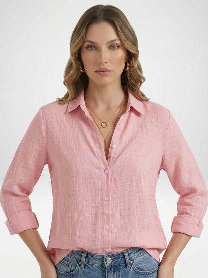 Women's Solid Button Front Long Sleeve Collared Blouse