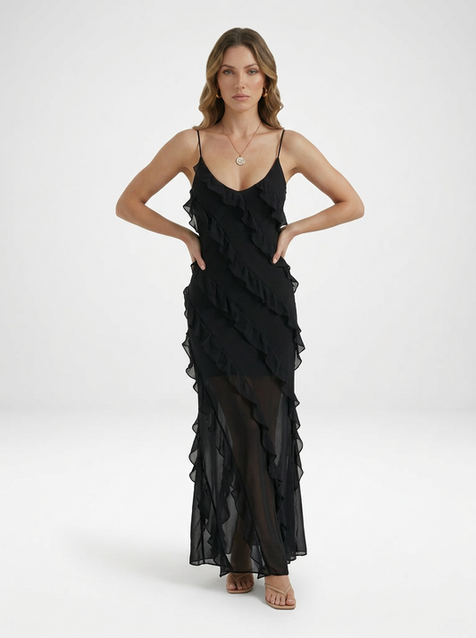 Romantic Ruffle Chiffon Evening Gown Maxi Dress