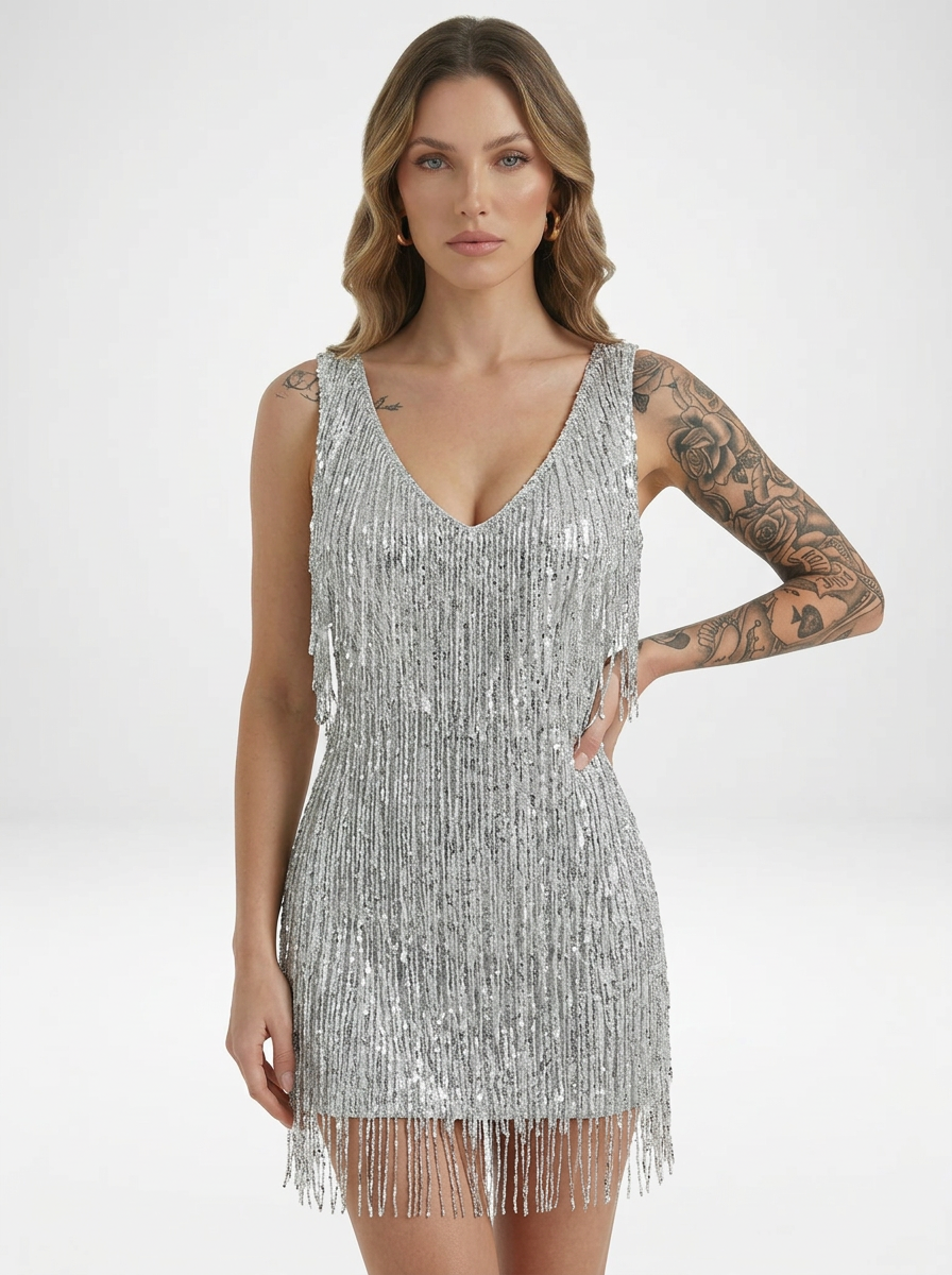 Women's Sequin Tassel V-Neck Backless Party Mini Dress