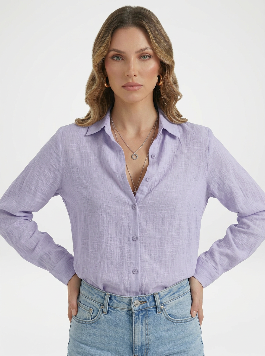 Women's Solid Button Front Long Sleeve Collared Blouse