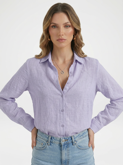 Women's Solid Button Front Long Sleeve Collared Blouse