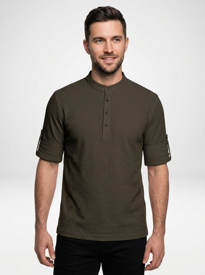 Men’s Long Sleeve Henley Stand Collar Button Shirt