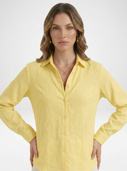 Women's Solid Button Front Long Sleeve Collared Blouse