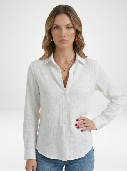 Women's Solid Button Front Long Sleeve Collared Blouse