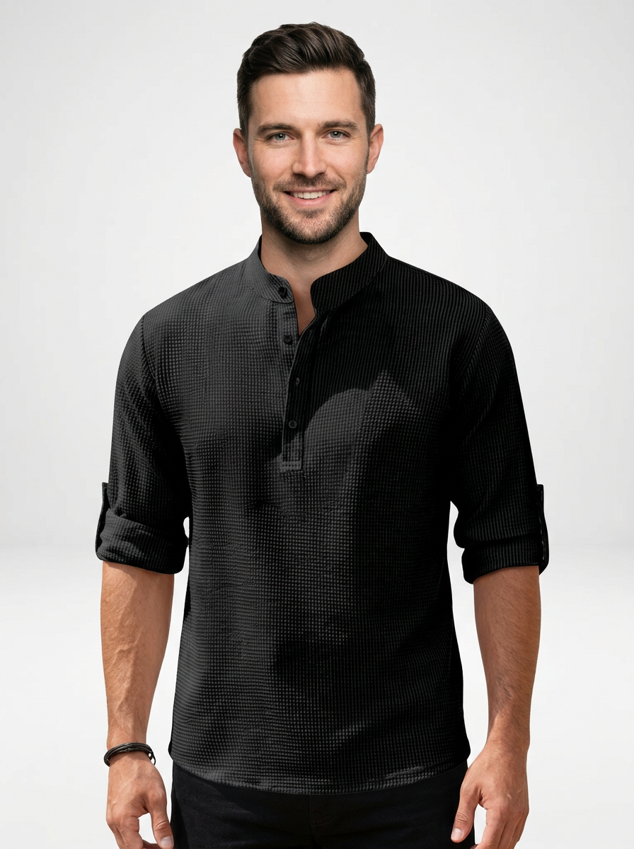 Men’s Long Sleeve Henley Stand Collar Button Shirt