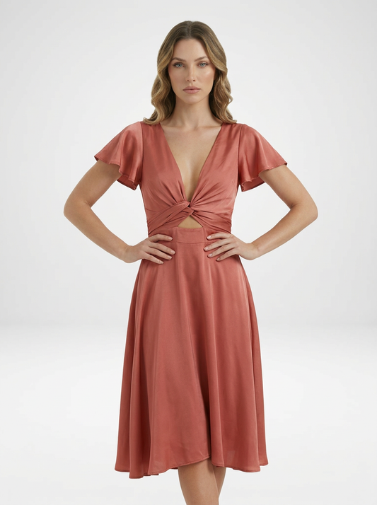 V Neck Twist Front Flutter Sleeve Midi Cocktail Dress