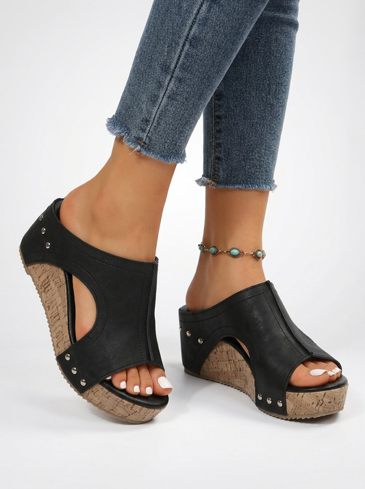 Rivet Detail Cork Wedge Slide Sandals