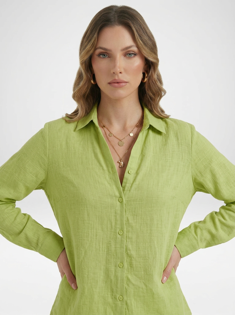 Women's Solid Button Front Long Sleeve Collared Blouse