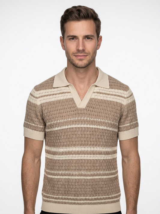 Textured Knit Open Collar Polo Shirt
