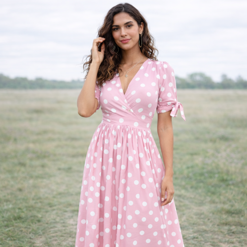 Vestido de escote de pico de lunares para mujer