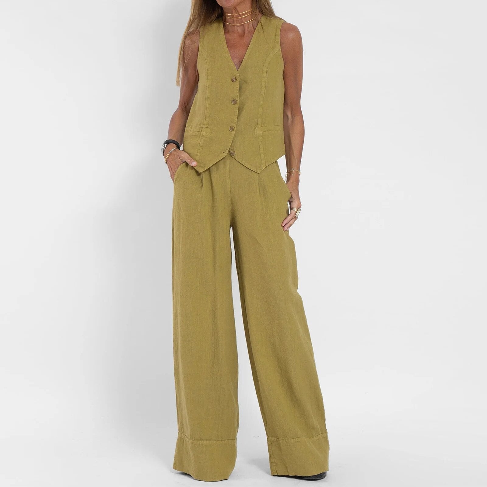 Conjunto con estilo cómodo ligero de lino para mujer