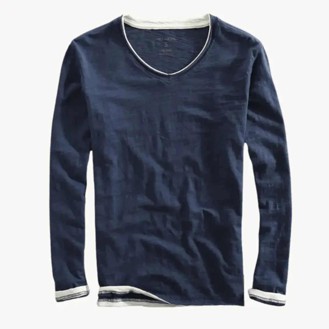 Camisa de escote de pico de manga larga suave de algodón para hombre
