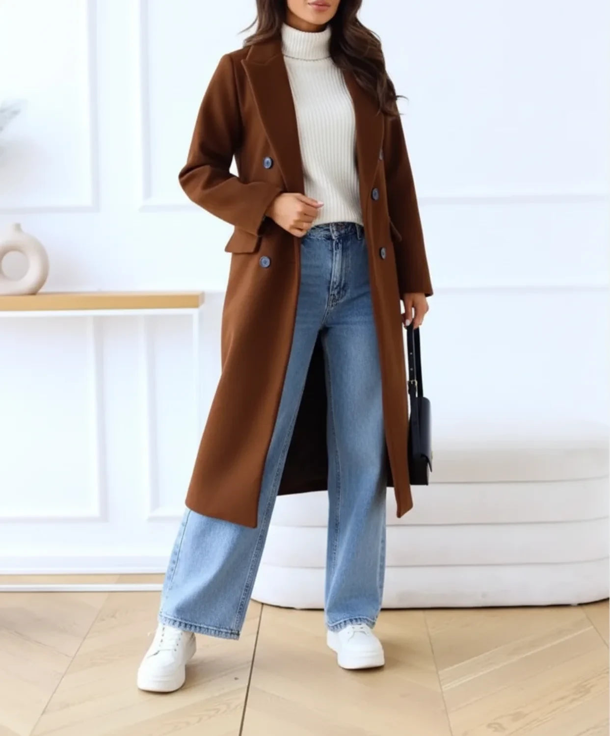 Elegant Women's Wool Blend Double-Breasted Long Coat for Winter 0