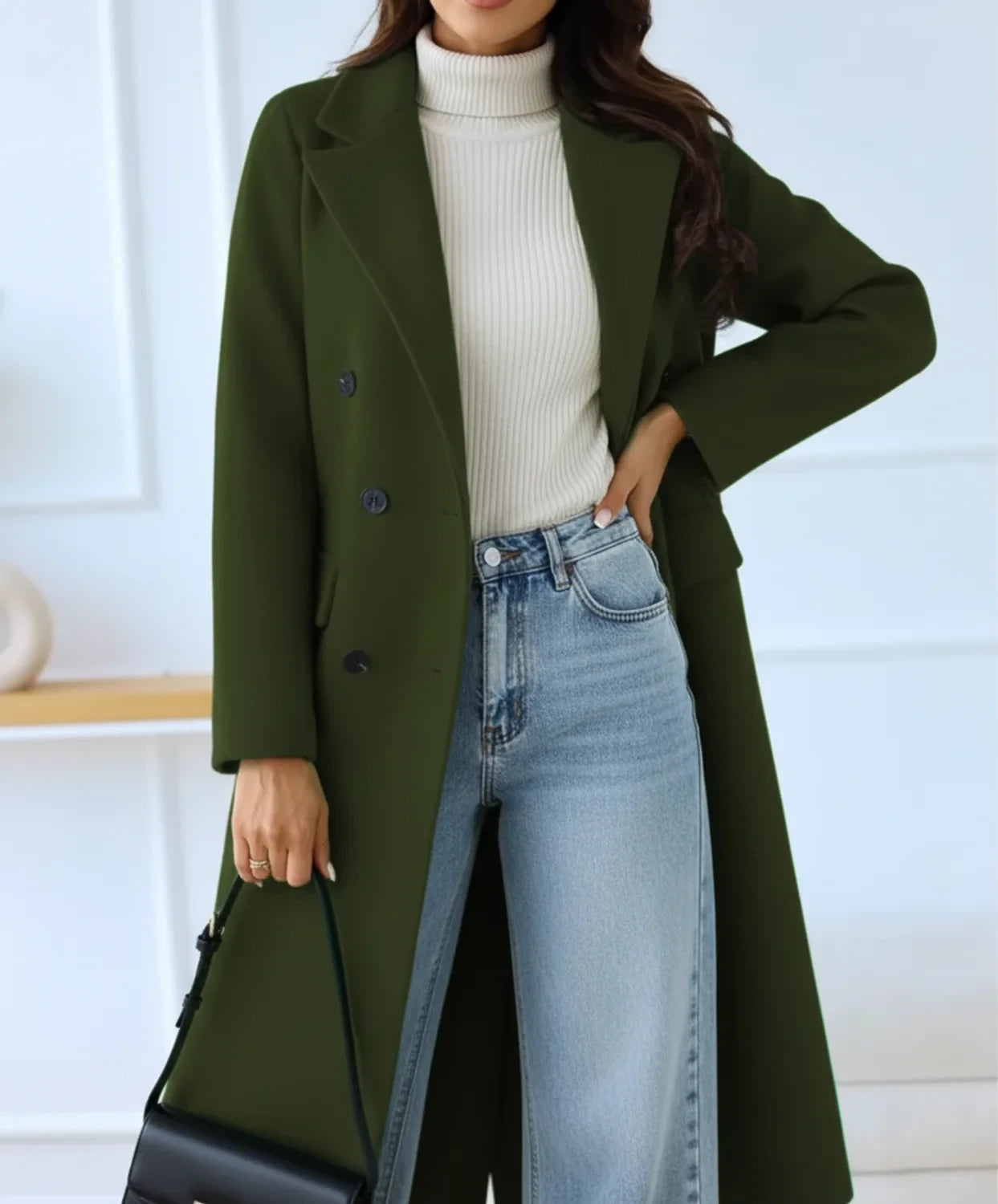 Elegant Women's Wool Blend Double-Breasted Long Coat for Winter 2