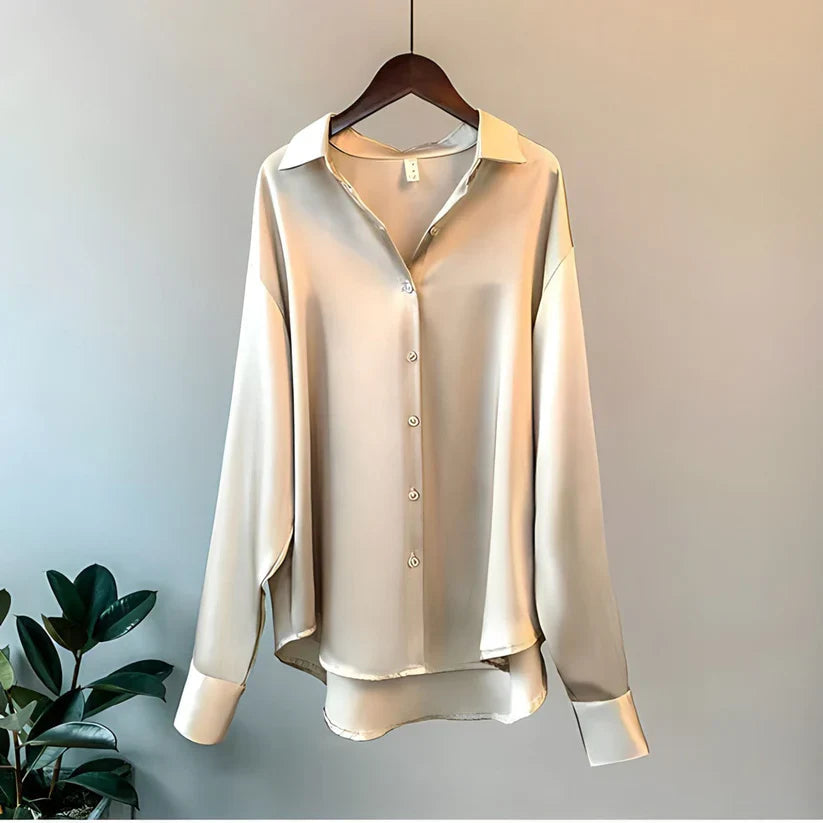 Camisa larga de manga larga suave de seda para mujer