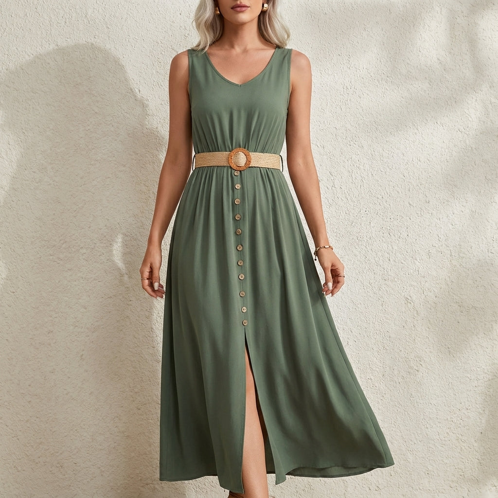 Vestido maxi con cinturón abotonado