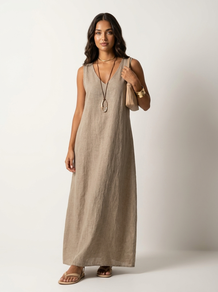 Vestido sin mangas de escote de pico de lino para mujer