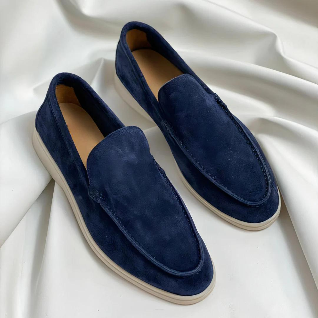 Zapatos sin cordones oscuros azules marrón de piel y ante para hombre