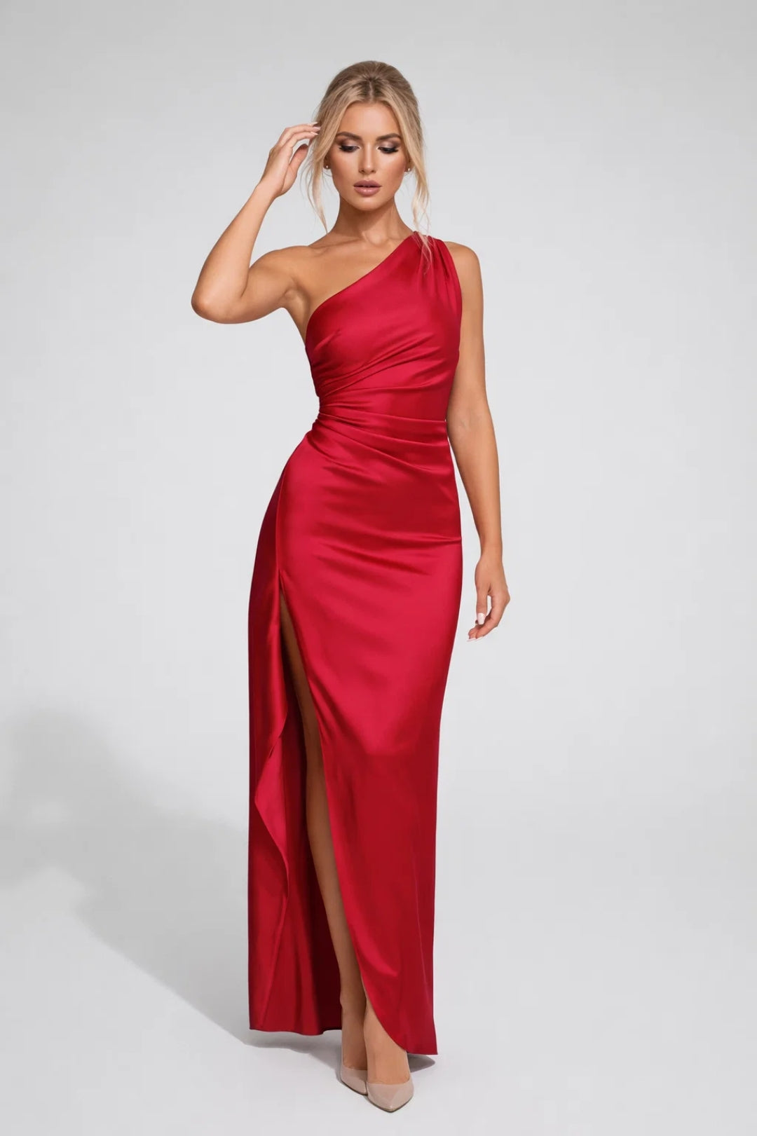 Vestido de noche de un hombro largo de satén para mujer