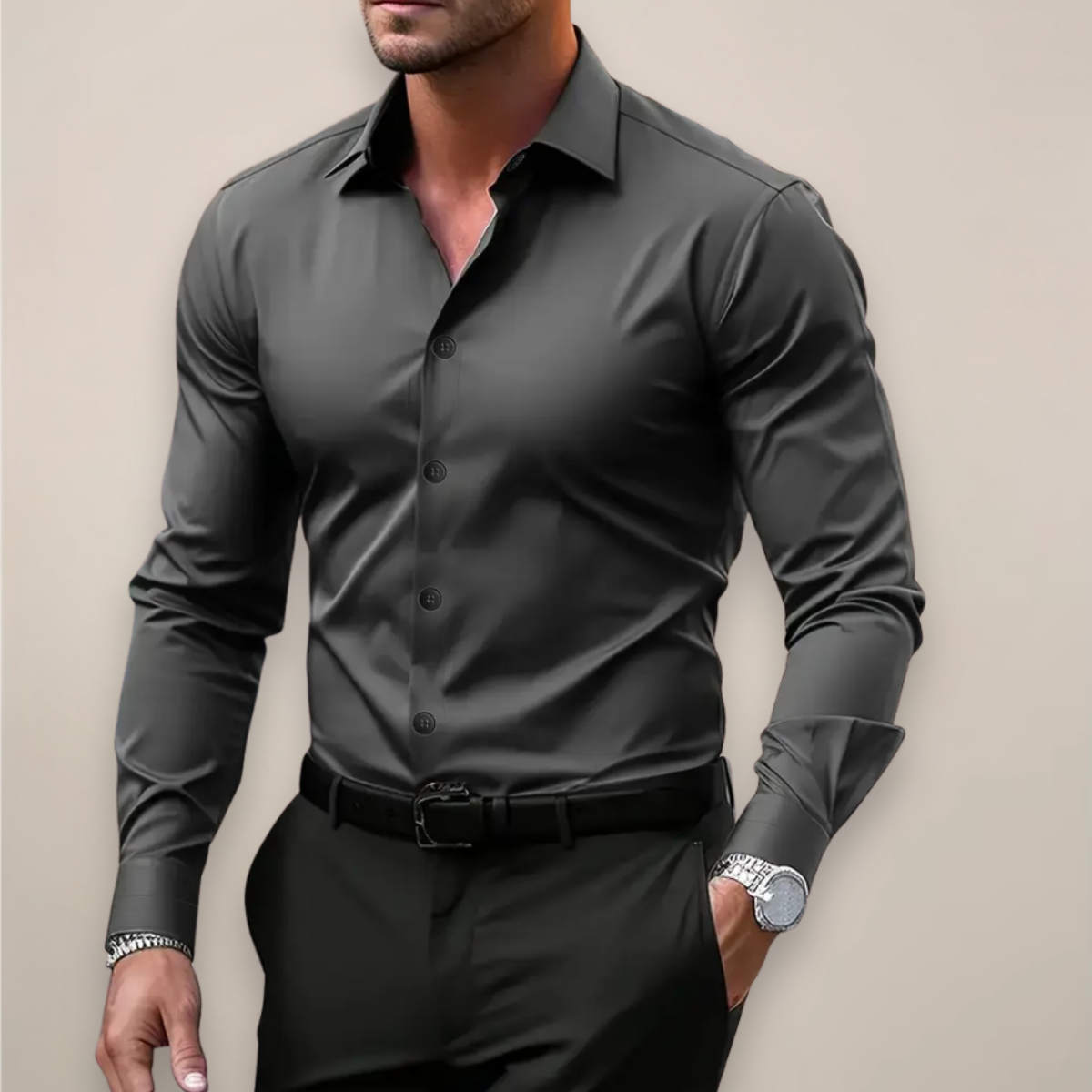 Camisa de vestir abotonada de corte ajustado de manga larga para hombre