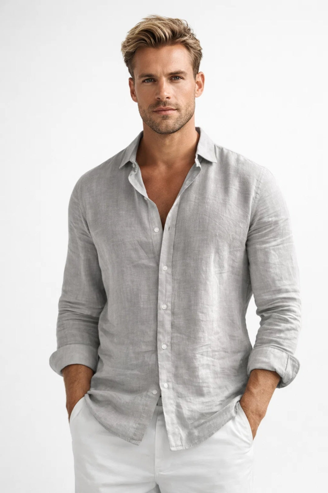 Camisa transpirable ligera de manga larga de lino para hombre