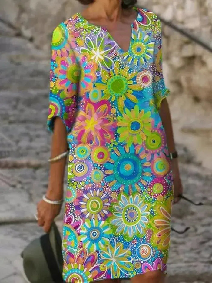 Vestido de verano de escote de pico de estampado floral para mujer