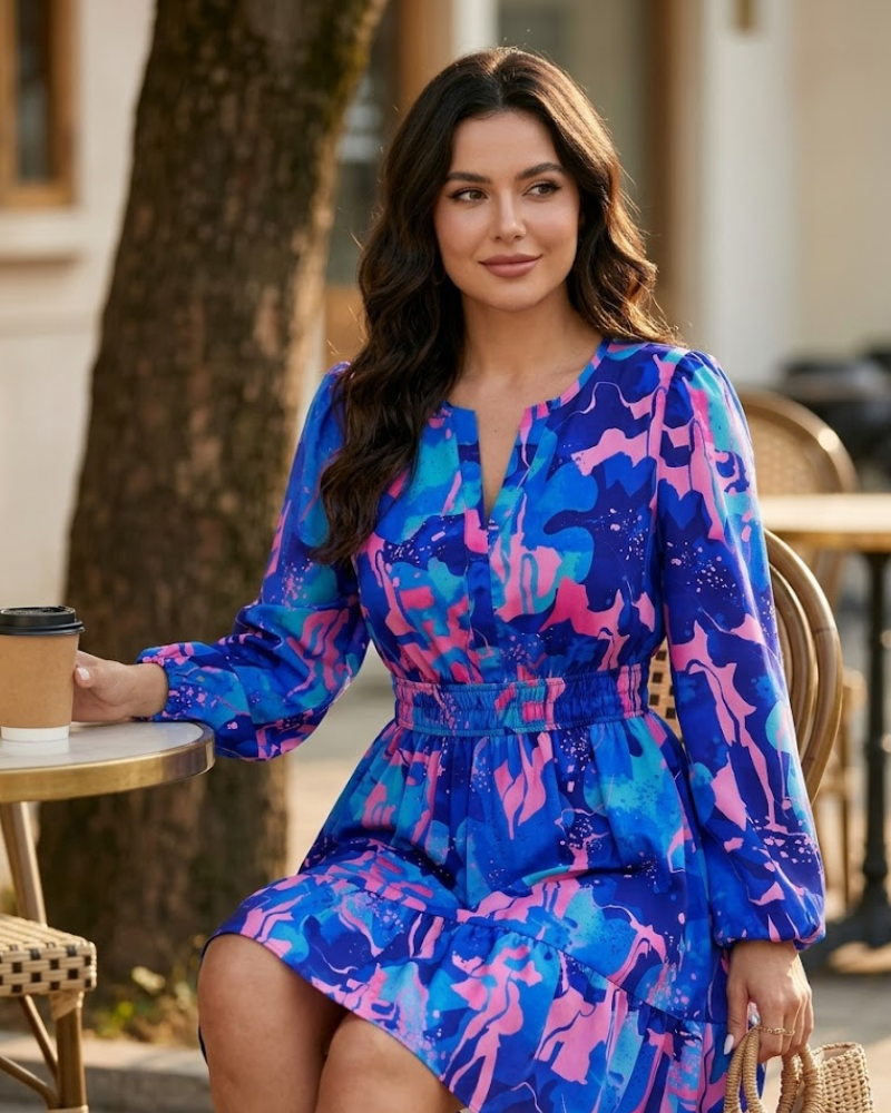 Vestido azul elástico de manga larga para mujer