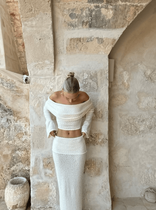 Azaria | Conjunto texturizado con top de hombros descubiertos