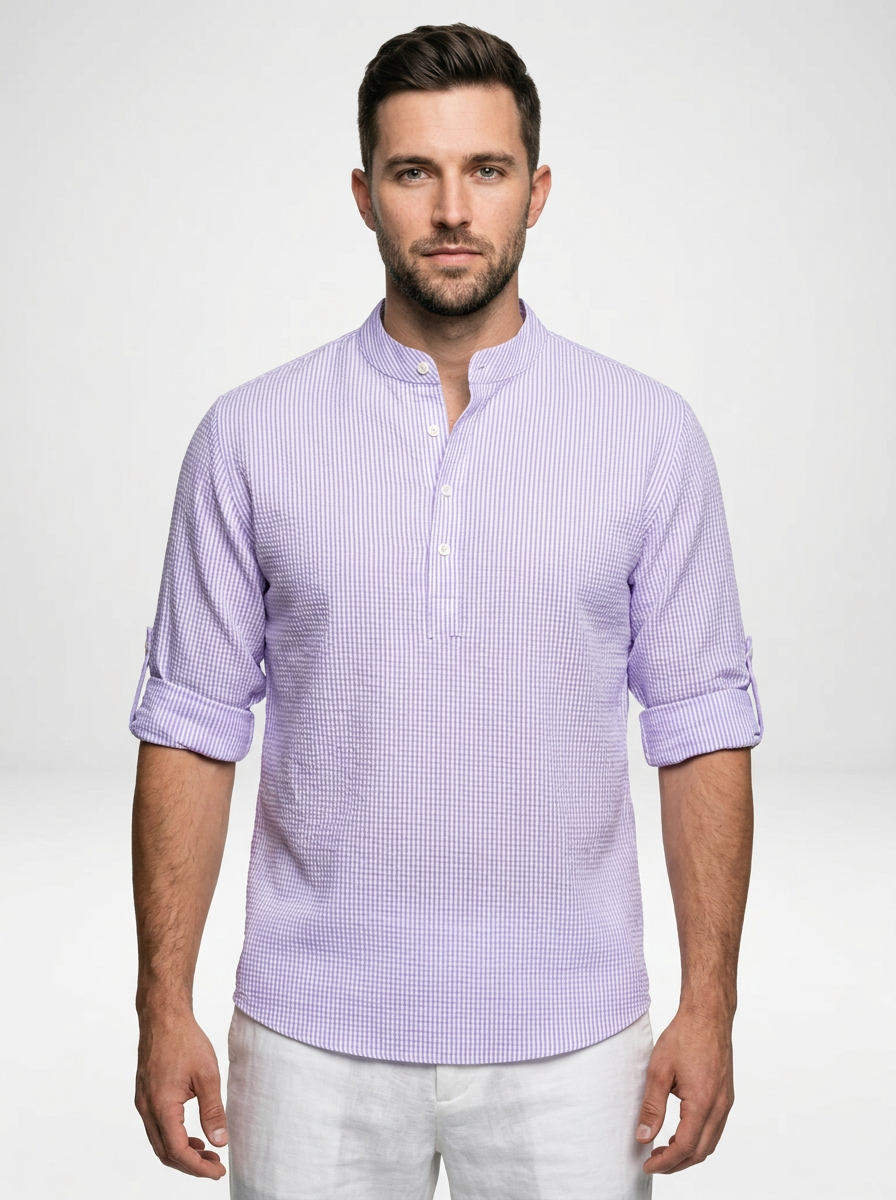 Men’s Long Sleeve Henley Stand Collar Button Shirt