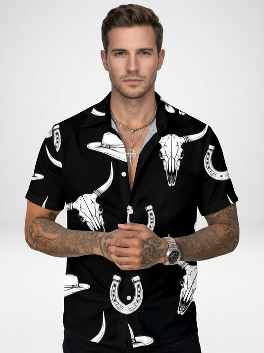 Men’s Western Bull Skull Print Short Sleeve Cowboy Shirt